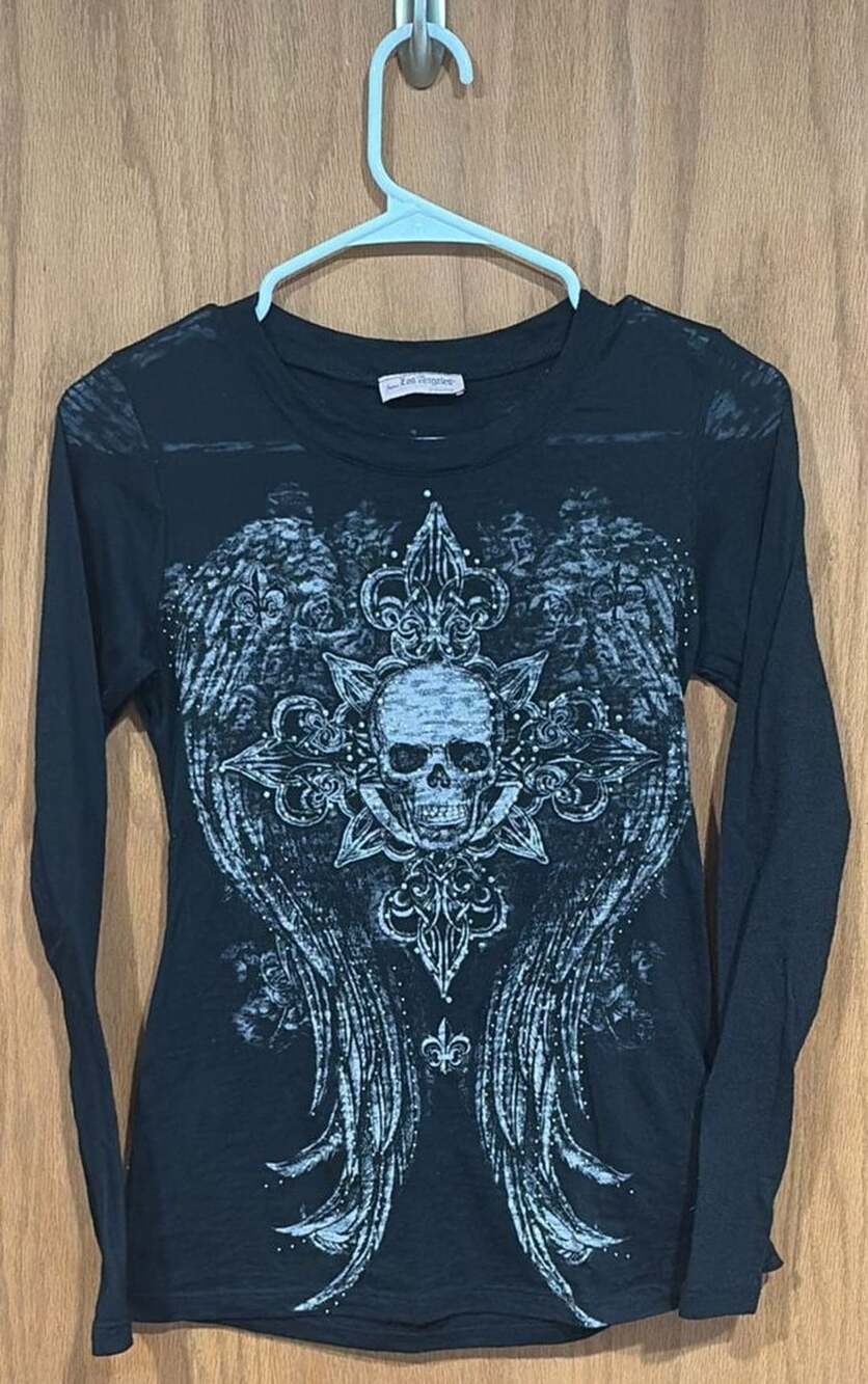 From Los Angeles Long Sleeve Skull Cross Graphic Top Black S/M Rhinestones